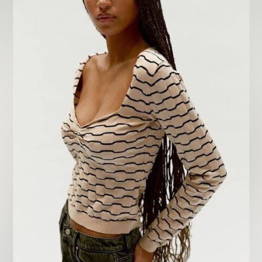 MUSIER PARIS Ornella Long Sleeve Cotton Blend Striped Sweetheart Neck Sweater To